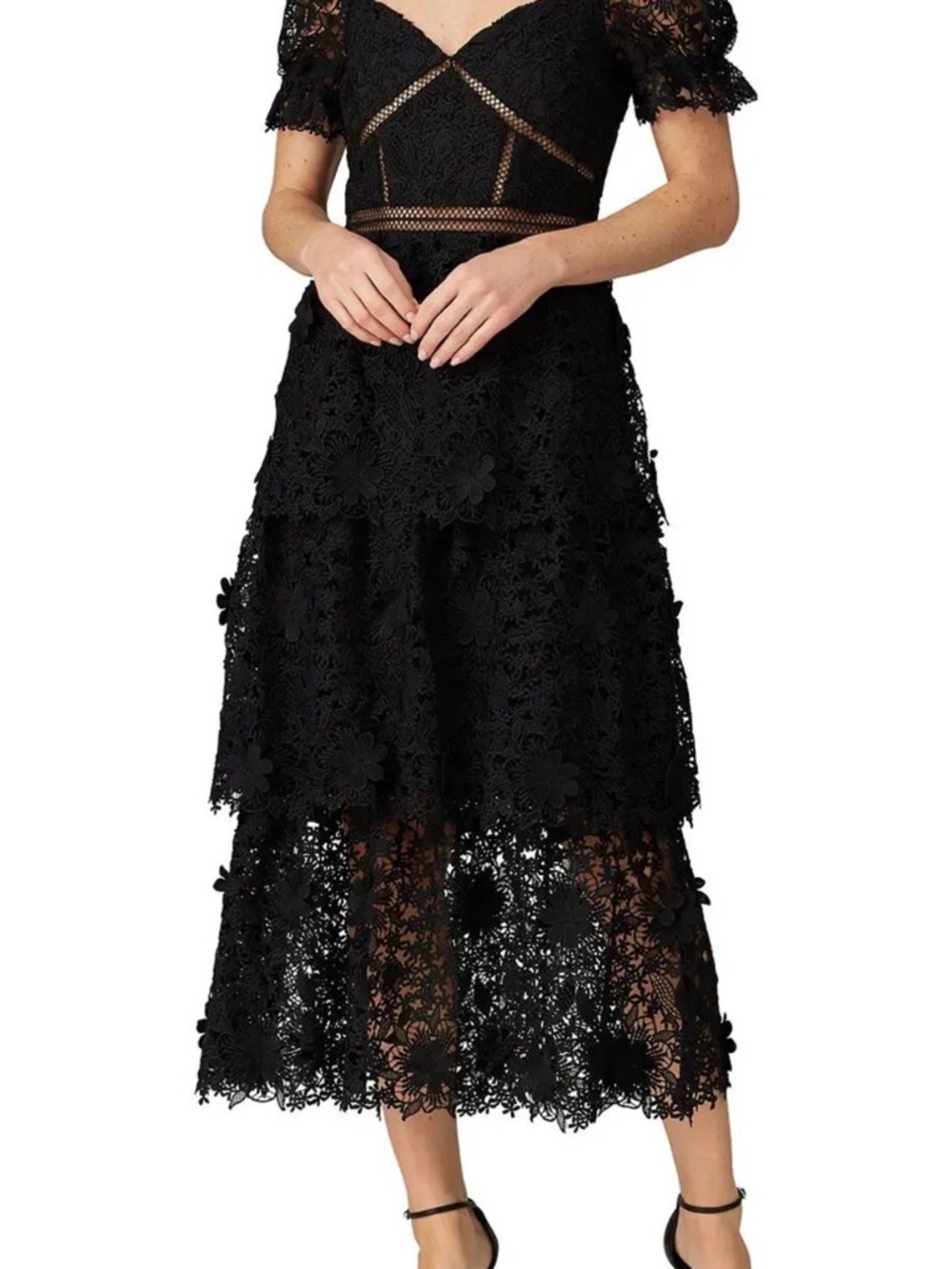 Self-Portrait Black Floral Lace Tiered Midi Dress